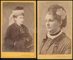 cca 1870-1880 Fiatal hölgyek portréi, 2 db keményhátú fotó, Kováts Károly zilahi / Tauffner és Veress Gyula kolozsvári műterméből, vizitkártya, 10,5x6,5 cm