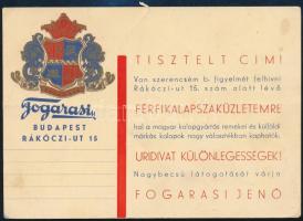 cca 1920-1940 Bp., Fogarasi Jenő férfikalap-szaküzlete reklámlap, törésnyommal