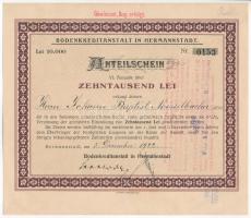 Románia 1922. Nagyszebeni Földhitelintézet részbizonylat 10.000L-ről, bélyegzésekkel T:I- kis szakadás Romania 1922. Land Credit Institution of Hermannstadt share certificate about 10.000 Lei, with overprints C:AU small tears