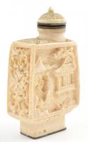 Kínai faragott csont tubákos szelence, jelzett, csontnyeles kupakkal, m: 6,5 cm