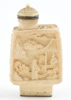 Kínai faragott csont tubákos szelence, jelzett, csontnyeles kupakkal, m: 6,5 cm