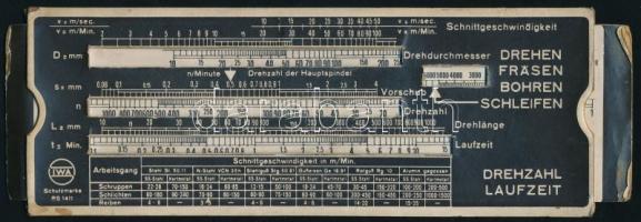 IWA német tolótáblázat ipari mérésekhez (vágási sebesség, fordulatszám, stb.), 22,5x7,5 cm