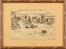 Pörge Gergely (1858-1930): Újpesti piac, 1913. Ceruza, papír, jelzett, üvegezett fakeretben 14×20,5 cm