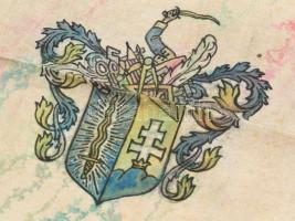 XX. sz. közepe Kézzel rajzolt zászló fantázia címerrel. Építész, szabó? címere. Vászon. 73x43 cm