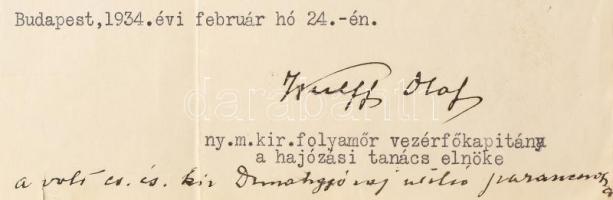 1934 A Dunai Flottilla volt katonája részére szóló igazolás Wulff Olaf, a flottilla utolsó parancsno...