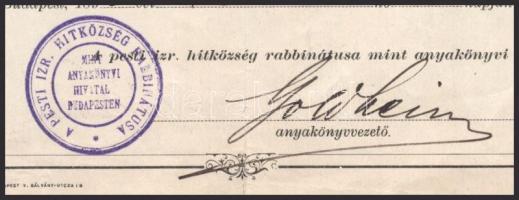 1896 Pest Izraelita anyakönyvi kivonat, anyakönyvvezető rabbi aláírásával
