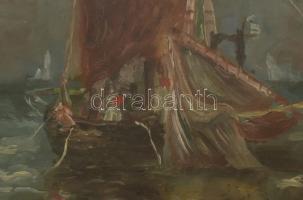 Olvashatatlan jelzéssel: Vitorlás. Olaj, vászon. 41,5x31,5 cm. Dekoratív, üvegezett, kissé sérült fa...