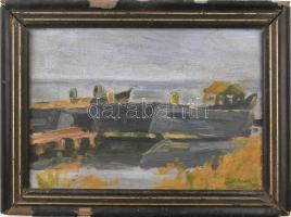 Schadl János (1892-1944): Napfényes vízparton. Olaj, karton, jelzett. Dekoratív, sérült fa keretben. 25×35 cm