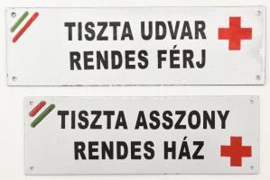 Tiszta asszony, rendes ház + Tiszta udvar, rendes férj - 2 db zománcozott fém tábla, kisebb kopásnyomokkal, 30x10 cm és 33x10 cm