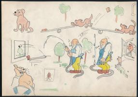 Jelzés nélkül: Karikatúrák, humoros rajzok, 2 db. Tus, akvarell, papír, 28x19,5 cm