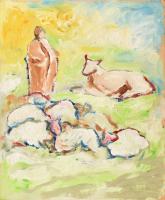 TM jelzéssel: Pásztor juhokkal. Olaj, karton, 50×40 cm