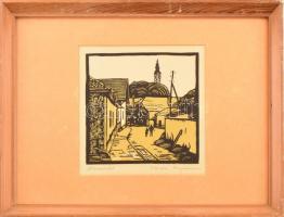 Vadon Benjámin (1885-?): Utcarészlet. Linómetszet, papír, jelzett, üvegezett fakeretben. 17x17 cm