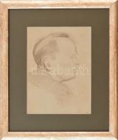 Olvashatatlan jelzéssel: Férfi portré (hátoldalán tömegjelenet). Ceruza, papír, jelzett, foltos, kissé sérült. Üvegezett fakeretben. 20×14,5 cm
