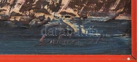 Szakács Zoltán (?-): Vízparti fények. Olaj, farost. Jelzett. Fa keretben. 15x30 cm