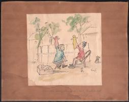 Gedő Lipót (1887-1952): Bábokkal játszó gyerekek. Akvarell, tus, papír, jelzett, papírra kasírozva, alján Gedő Lipót autográf ajándékozási soraival 1938-ból. Bal alsó sarkában foltos. 17,5x18 cm