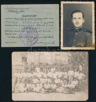 1941 Mezőtúr, a Keletmagyarország és Erdély egy részének felszabadulása emlékére alapított Erdélyi Emlékérem viselésére jogosító igazolvány a M. kir. 19. honvéd gyalogezred tagja részére + cca 1920-1940 2 db katonai fotó (csoportkép, portré), Róna Károly fényképész, 13,5x8,5 cm és 8,5x6 cm
