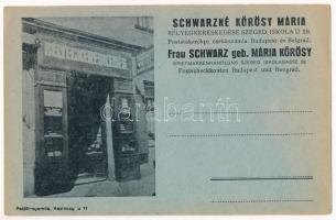 Szeged, Schwarzné Kőrösy Mária bélyegkereskedése. Iskola utca 29. reklámlap / Briefmarkenhandlung (EK)