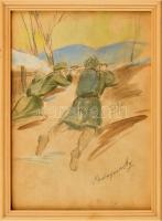 Mednyánszky jelzéssel: Katonák. Akvarell, ceruza, papír, üvegezett fakeretben, 29×20 cm