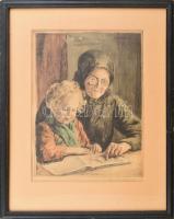 Edvi Illés Aladárné (1877-1963): Meseolvasás. Színezett rézkarc, papír, jelzett. Üvegezett fakeretben. 40x29 cm