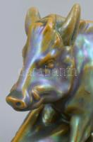 Zsolnay eozin mázas, vaddisznós névjegytartó, jelzett, 1930 körül, restaurált!, 12x16cm