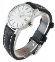 Omega automata férfi karóra, 1960 körül, bőr szíjjal, acél tokban, működik, dátum funkciós, kopásnyo...