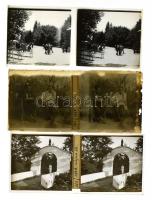 cca 1935 Sztereo üveglemez pozitív képek, 10 db (park, kastély, emberek, vidéki felvételek), közte feliratozottak, 13x6 cm