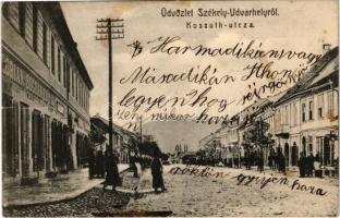 1906 Székelyudvarhely, Odorheiu Secuiesc; Kossuth utca, Florian Bogdan és Fia üzlete. Szentpétery Károly utóda kiadása / street view, shops (fa)