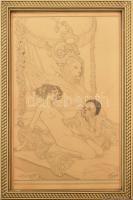 Franz von Bayros (1866-1924): Szecessziós női akt. Ceruza, papír, Jelzett, üvegezett keretben / Art nouveau nude, pencil, paper, signed, in glazed frame 42x25 cm
