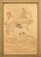 Franz von Bayros (1866-1924): Szecessziós női akt. Ceruza, papír, Jelzett, üvegezett keretben / Art nouveau nude, pencil, paper, signed, in glazed frame 42x25 cm