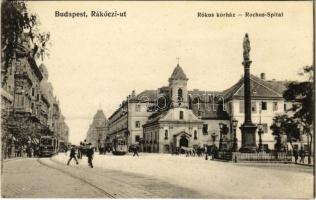 Budapest VIII. Kerepesi út (Rákóczi út), Rókus (Rochus) kórház, hirdetőoszlop, villamos, üzletek