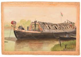 Kézdi Kovács László (1864-1942): Gabonaszállító hajó a Dunán, Nagybecskerek közelében, 1890 körül. Akvarell, papír, kartonon, jelezve jobbra lent. Hátoldalán autográf felirattal. 29×46 cm