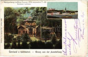 1902 Pozsony, Pressburg, Bratislava; II. Mezőgazdasági kiállítás 1902. szeptember 7-28. Erdészet és vadászat pavilon, vár. Duschinsky G. kiadása / 2nd National Agricultural Exposition, forestry and hunting pavilion (r)