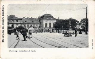 Pozsony, Pressburg, Bratislava; Grassalkovich-Palais. Bitte versuchen Sie &quot;Schicht&#039;s Bleich-Seife&quot; / Grassalkovich palota, villamos. Schicht reklám / palace, tram (szakadás / tear)