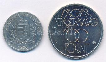 1938. 1P Ag + 1985. 100Ft Cu-Ni "Kulturális Fórum" kapszulában T:2, BU patina, a pengőn tö...
