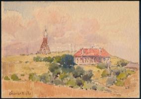 Ócsvár Rezső (1877-1968): Dombos táj kilátóval, 1933. Akvarell, papír, jelzett, 17×24 cm