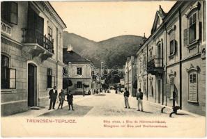 1912 Trencsénteplic, Trencianske Teplice; Sina utca, a Sina és Háromszív házzal / Sinagasse mit Sina und Dreiherzenhaus / street view, villa