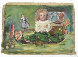 Mannheim Róza (1880-1965): Csendélet babákkal. Olaj, vászon, jelzett, vakkeret nélkül, sérült, 42×58 cm