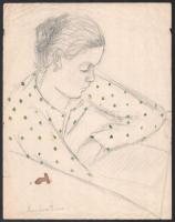 Mannheim Róza (1880-1965): Könyöklő lány. Akvarell, ceruza, papír, jelzett, sérült, foltos, 29×23 cm