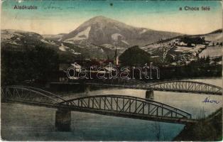 1914 Alsókubin, Dolny Kubín; híd, látkép a Choc hegy felé. Neumann József kiadása / bridge, view to the Velky Choc mountain (fl)