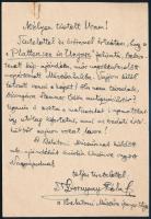 1941 Dr. Dornyay Béla (1887-1965) tanár, kutató, a keszthelyi Balaton Múzeum igazgatója saját kézzel írt és aláírt köszönő levelezőlapja Hollós Oszkár műgyűjtőnek, melyben köszöni egy régi balatoni metszet múzeumnak történő ajándékozását, szép állapotban