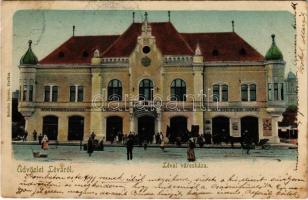 1903 Léva, Levice; Városháza, Lang Központi kávéháza, Kovács Sándor, Schweihs és Trebitsch, Amstetter Imre üzlete. Schulcz Ignác kiadása / town hall, café, shops (EK)