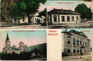 1909 Diósgyőr (Miskolc), Diősgyőri Tapolca, a 600 éves mogyorófa, Evangélikus templom a várromokkal, Városháza. Grünwald Ignác kiadása (EK)