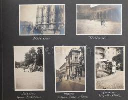 cca 1920-1930 Európai utazások fotóit tartalmazó album, 82 db fotóval, Olaszország, Svájc, Finnország, épületek, vonatok, gleccserek, stb., 6×8 cm-es fotókkal