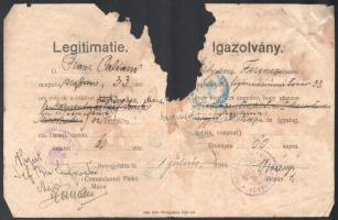 1919 Vegyes igazolvány tétel, közte 3 db nagykállói és 1 db nyíregyházi irat és igazolvány, román me...