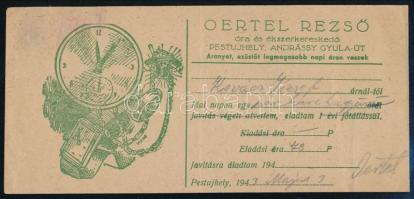 1943 Pestújhely, Oertel Rezső óra- és ékszerkereskedő számlája