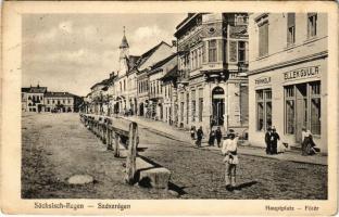 1916 Szászrégen, Reghin; Fő tér, Ellek Gyula, Fränkel A. üzlete. E. Fabritius & Co. kiadása / Hauptplatz / main square, shops (EK)