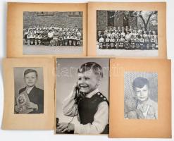 cca 1962-1963 Vegyes kartonra kasírozott fotó tétel, 5 db, közte 2 db tablófotóval, és 3 db gyerekportréval, 18x11 cm és 17x23 cm közötti méretben.