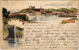 1897 (Vorläufer) Pozsony, Pressburg, Bratislava; Ezredéves Országos Kiállítás, Dévényi vár, gőzhajók / Devín castle, steamships, general view. Hungarian Millennium Exhibition, floral litho s: Morelli, Dörre T. + barna 2 Kr. Ga.