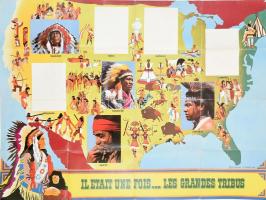 Amerikai indián törzsek, nagyméretű, francia nyelvű plakát, hajtva, kis szakadásokkal, 96x72 cm / Native American tribes, French poster, small tears, 96x72 cm