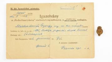 ~1932. "Hadirokkant" miniatűr Br gomblyuk jelvény viselési igazolvánnyal (16x12mm) T:1-